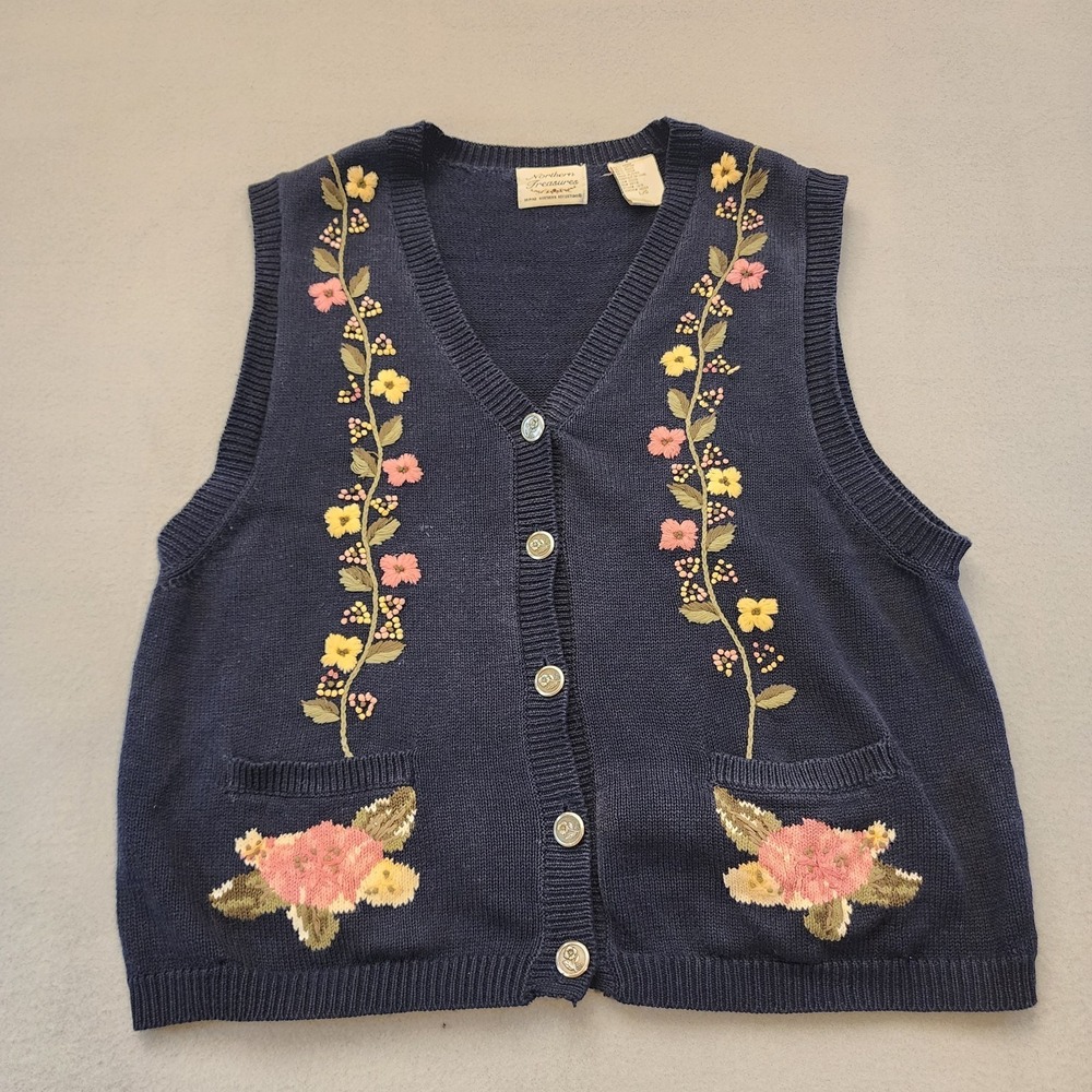 Vintage Northern Treasures Floral‎ Embroidered Sweater Vest Womens L Cottagecore
